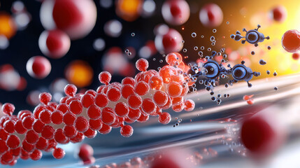 Poster - abstract rendering of nanobots analyzing cellular structures, showcasing vibrant red blood cells and molecular interactions in dynamic environment