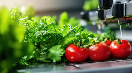 Aufkleber - High tech vegetable washing and packaging with fresh tomatoes and lettuce. automated process ensures cleanliness and efficiency in food preparation, showcasing modern agricultural technology
