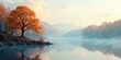 © Angel Pic - Serene Autumnal Landscape Featuring a Vibrant Golden Tree by a Misty Lake at Dawn