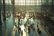 © Adri - Crowded airport terminal at sunset, passengers walking.