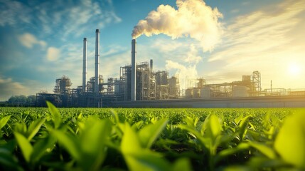 industrial plant emitting smoke with tall chimneys in green field under bright sun and peaceful blue