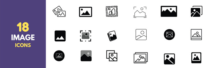 Leinwandbilder - A collection of 18 minimalist photo and image icons in black outline style. Perfect for user interfaces, websites, and app design. Features various representations of picture placeholders and gallery.