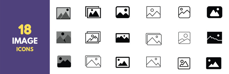 Leinwandbilder - A collection of 18 minimalist photo and image icons in black outline style. Perfect for user interfaces, websites, and app design. Features various representations of picture placeholders and gallery.