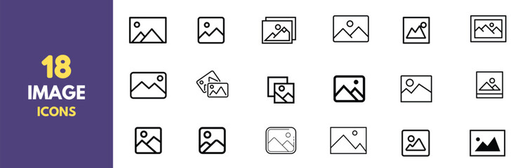 Leinwandbilder - A collection of 18 minimalist photo and image icons in black outline style. Perfect for user interfaces, websites, and app design. Features various representations of picture placeholders and gallery.