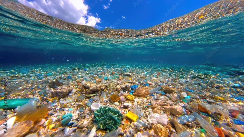 Ocean plastic pollution; underwater view, debris, marine life. Use ...