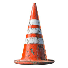 A single, old, and weathered orange traffic cone with white stripes is shown against a white background.