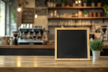 Wall Mural - Blank chalkboard menu sign on wooden cafe counter.