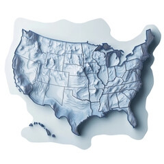 A three dimensional topographic map showcases the United States' physical features and state boundaries.