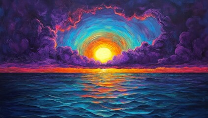 Canvas Print - Vibrant sunset over ocean, colorful cloudscape painting.