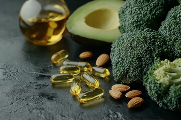 Healthy fats, vitamins, and antioxidants oil, avocado, broccoli, almonds, and supplements.