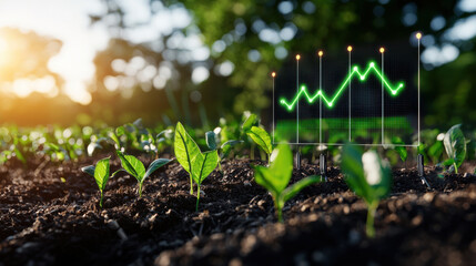 Poster - Innovative digital energy display over green plants in field, symbolizing growth and sustainability. image captures essence of modern agriculture and technology integration