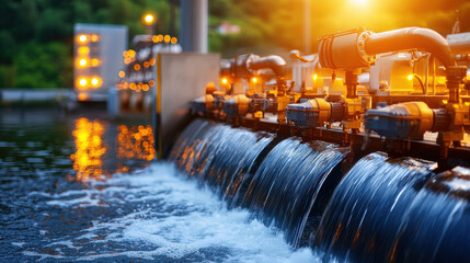 Poster - captivating view of hydroelectric plant showcasing flowing water, illuminated machinery, and vibrant reflections. scene evokes sense of energy and innovation