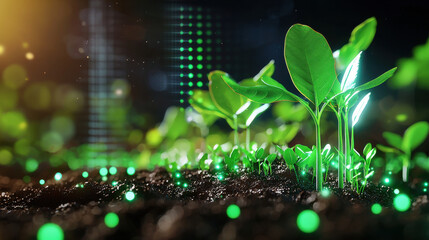 Poster - vibrant scene of green plants growing in rich soil, illuminated by soft light, symbolizes growth and sustainability in renewable energy context