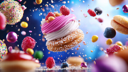 Poster - Delightful floating desserts with colorful toppings and sprinkles create vibrant scene of joy and indulgence. Perfect for sweet treats lovers and bakery enthusiasts