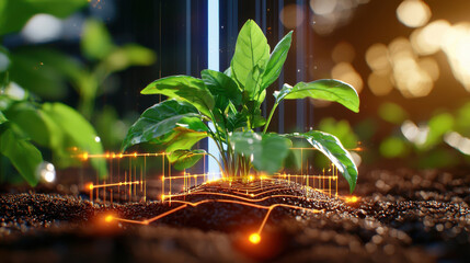 Aufkleber - vibrant green plant emerges from rich soil, symbolizing precision agriculture with digital technology enhancing growth. scene captures innovation in farming practices