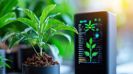 Poster - close up of green energy technology featuring smart device displaying plant growth data alongside healthy green plant in pot. This highlights innovation in sustainable agriculture