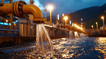 Aufkleber - Dramatic nighttime capture of water flowing through industrial pipes, showcasing vibrant lights and reflections on surface. scene evokes sense of motion and energy
