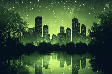 Canvas Print - Green night cityscape reflected in calm water under starry sky.