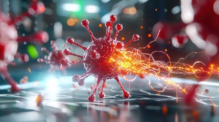 Poster - dynamic 3D illustration of microscopic virus with glowing particles, showcasing its intricate structure and movement in futuristic environment