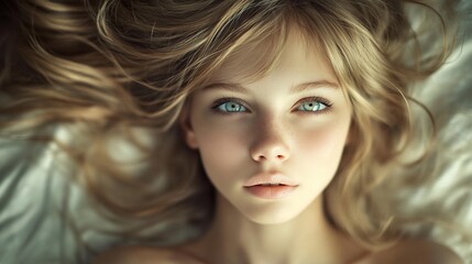 Wall Mural - Blonde girl, serene face, bed, sunlight, beauty portrait, stock photo