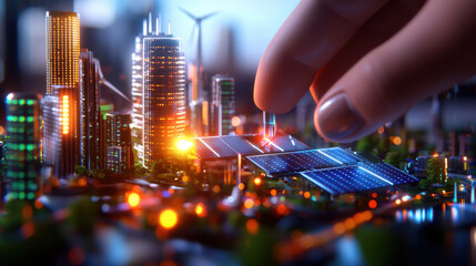 Aufkleber - futuristic cityscape powered by renewable energy, showcasing solar panels and advanced technology. scene highlights innovation and sustainability in urban design