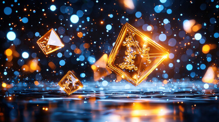 Leinwandbilder - Futuristic geometric shapes float in shimmering environment, creating mesmerizing visual effect. vibrant colors and reflections enhance ethereal atmosphere