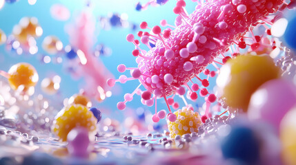 Poster - Futuristic depiction of nanobot swarm assembling in vibrant environment, showcasing intricate details and colorful elements. scene evokes sense of advanced technology and innovation