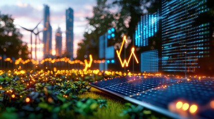 Aufkleber - futuristic eco friendly city with solar panels, greenery, and wind turbines. vibrant lights and modern buildings create harmonious blend of nature and technology