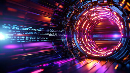 Poster - Futuristic tunnel with vibrant lights and digital patterns, showcasing advanced technology and innovation. colorful illumination creates dynamic atmosphere
