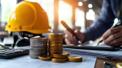 Fototapete - Construction helmet and coins on desk with financial documents, symbolizing investment in engineering projects. scene conveys sense of planning and financial management