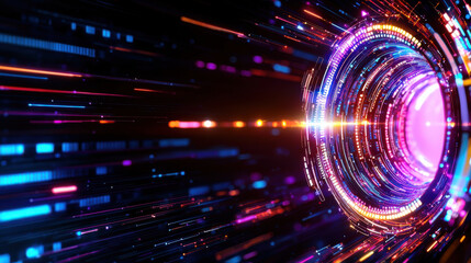 Leinwandbilder - Futuristic digital tunnel with vibrant light trails and glowing circles, representing advanced technology and innovation. mesmerizing visual of speed and motion