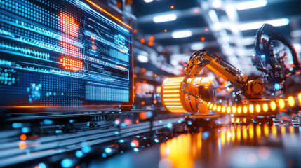 Aufkleber - Futuristic factory with robotic arm, automated machinery, and digital interface showcasing advanced technology and innovation in manufacturing processes