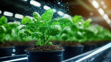 Poster - futuristic farm showcasing green technology with vibrant crops growing in pots. integration of digital elements symbolizes innovation in agriculture and sustainability