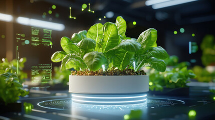 Aufkleber - Futuristic food lab with digital technology showcasing vibrant green plants in high tech environment. scene highlights innovation in agriculture and sustainable practices