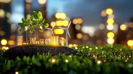 Aufkleber - futuristic green tech city with floating wind turbines and lush greenery, showcasing sustainable urban development and innovation in vibrant environment