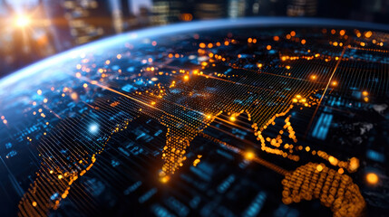 Leinwandbilder - futuristic illustration of global network, showcasing interconnected data points across continents, illuminated by vibrant orange lights. image evokes sense of technological advancement and global