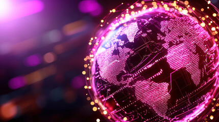 Poster - vibrant, futuristic illustration of glowing globe showcasing interconnected global networks. design features bright pink hues and intricate digital patterns, symbolizing technology and