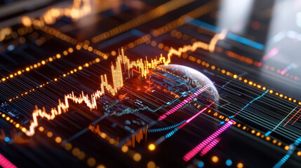 Fototapete - futuristic high resolution illustration of global stock market trends, featuring vibrant graphs and data visualizations. image captures dynamic nature of financial markets