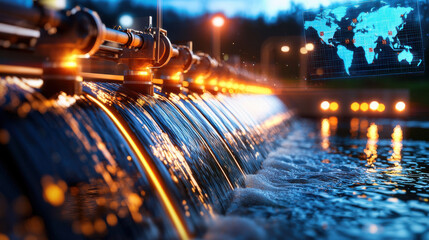 Poster - Futuristic hydroelectric dam with glowing water flow and digital map. scene captures essence of renewable energy and advanced technology in serene environment