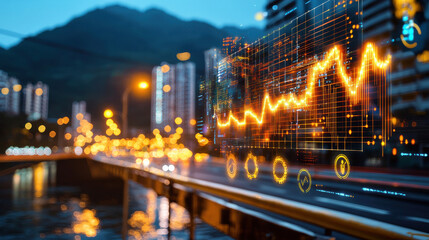 Aufkleber - Futuristic cityscape with glowing data visualization overlay, showcasing financial trends and analytics. vibrant lights reflect innovation and technology in urban life