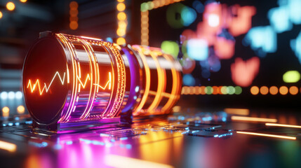 Aufkleber - Futuristic glowing energy storage device on digital circuit board, showcasing vibrant colors and intricate designs. scene evokes sense of advanced technology and innovation
