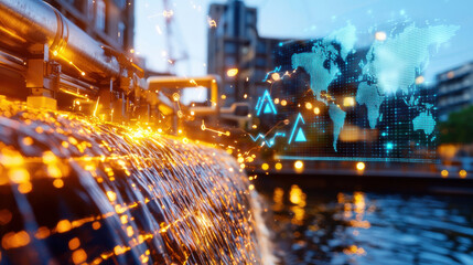 Aufkleber - Futuristic hydroelectric dam with glowing water and digital world map. scene captures essence of modern energy solutions and technology in harmony with nature