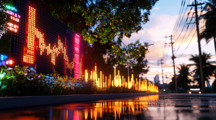 Fototapete - futuristic digital stock market display with vibrant colors and reflections, showcasing market trends and data in urban setting at sunset