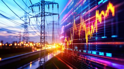 Fototapete - Futuristic digital stock market display with power lines at sunset, showcasing vibrant data visualization and energy infrastructure