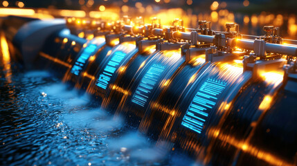 Aufkleber - futuristic hydroelectric dam with illuminated water flow, showcasing advanced technology and energy generation. scene captures beauty of innovation and nature power
