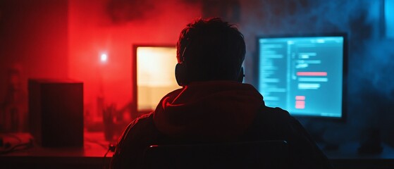 Coder working late, night coding, digital screen, red blue light, home office