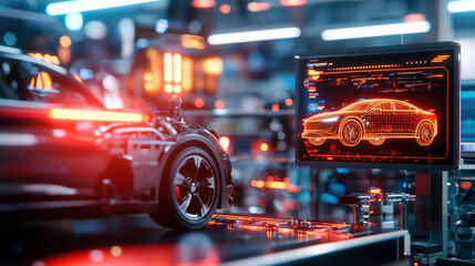 Aufkleber - futuristic lab showcasing engineers working on autonomous vehicle technology, featuring sleek car model and digital display with holographic designs
