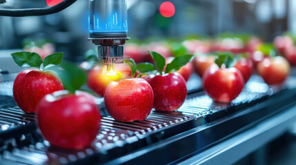 Leinwandbilder - High tech fruit picking robot harvesting fresh red apples in modern facility. automation enhances efficiency and precision in agriculture, showcasing innovation in food production