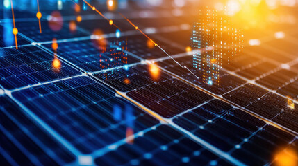 Aufkleber - High resolution close up of solar panels with digital data overlay, showcasing renewable energy technology and innovation. image captures essence of sustainable power
