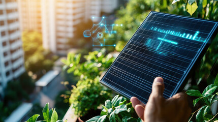 Aufkleber - person holding digital tablet with data visualization in green urban environment, showcasing technology and sustainability
